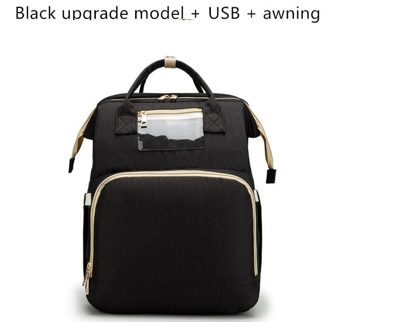Multifunction Diaper Bag Backpack – USB Charging Baby Bag with Foldable Travel Bed
