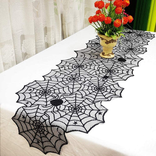 Halloween Table Decor Runner – Black Lace Spiderweb Cloth for Party Setup