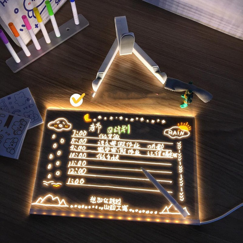 LED Night Light Acrylic Message Board – DIY Writing Lamp with 7 Pens for Notes & Room Decor