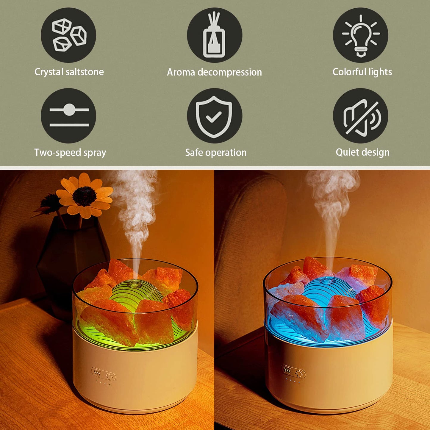 Ultrasonic Cool Mist Humidifier & Aromatherapy Diffuser – Crystal Salt Lamp Air Purifier w/ Ambient Mood Lighting