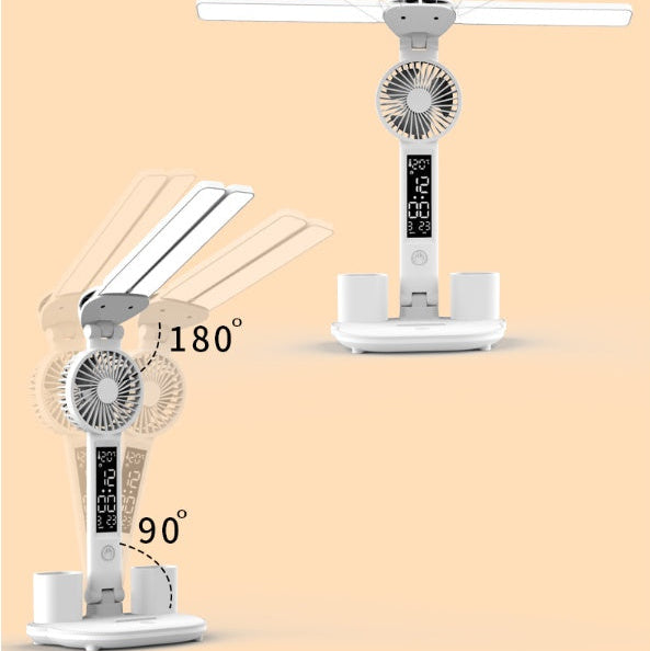 Smart Multifunction Desk Lamp – Foldable LED Reading Light with Fan, Thermometer & Organizer