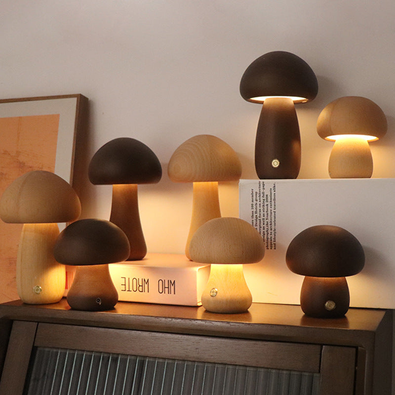 Cute Wooden Mushroom LED Night Light – Soft Touch Lamp for Bedroom