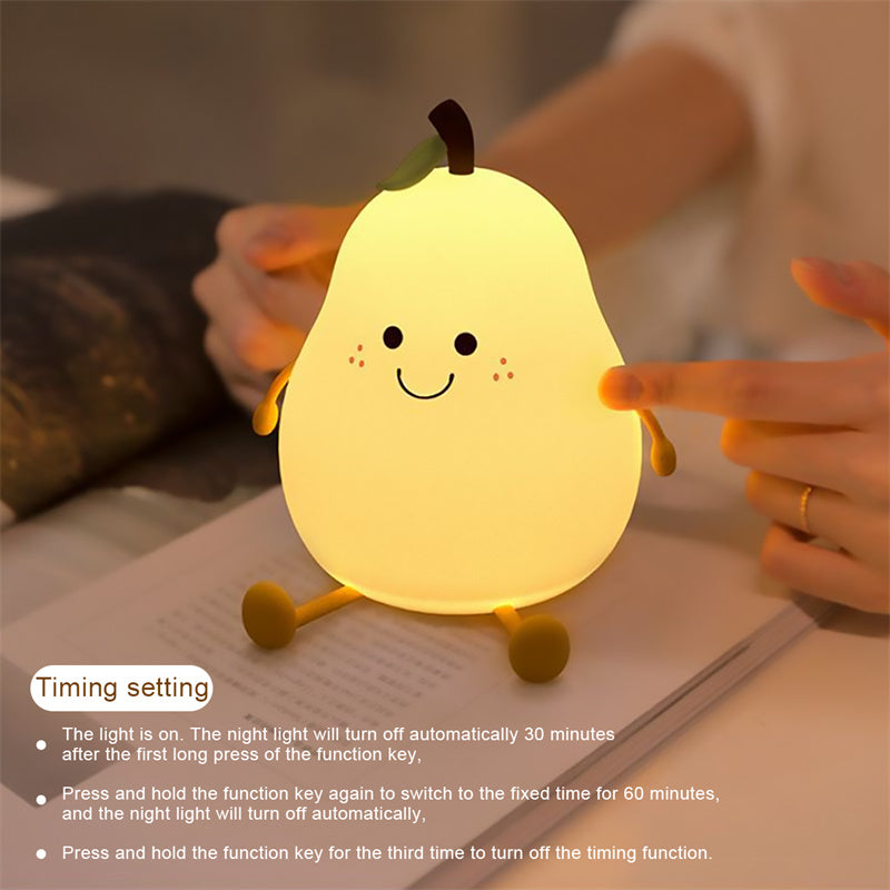 Dimmable LED Pear Night Light – USB Rechargeable Touch Silicone Lamp for Cozy Bedroom