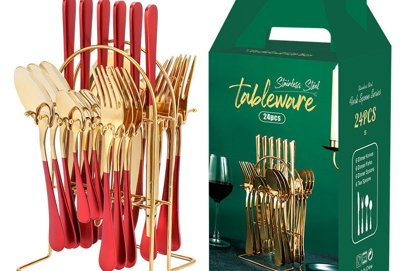 Luxury Gold Kitchen Utensil Set – Stainless Steel Knife Fork Spoon Set wi/ Holder Rack