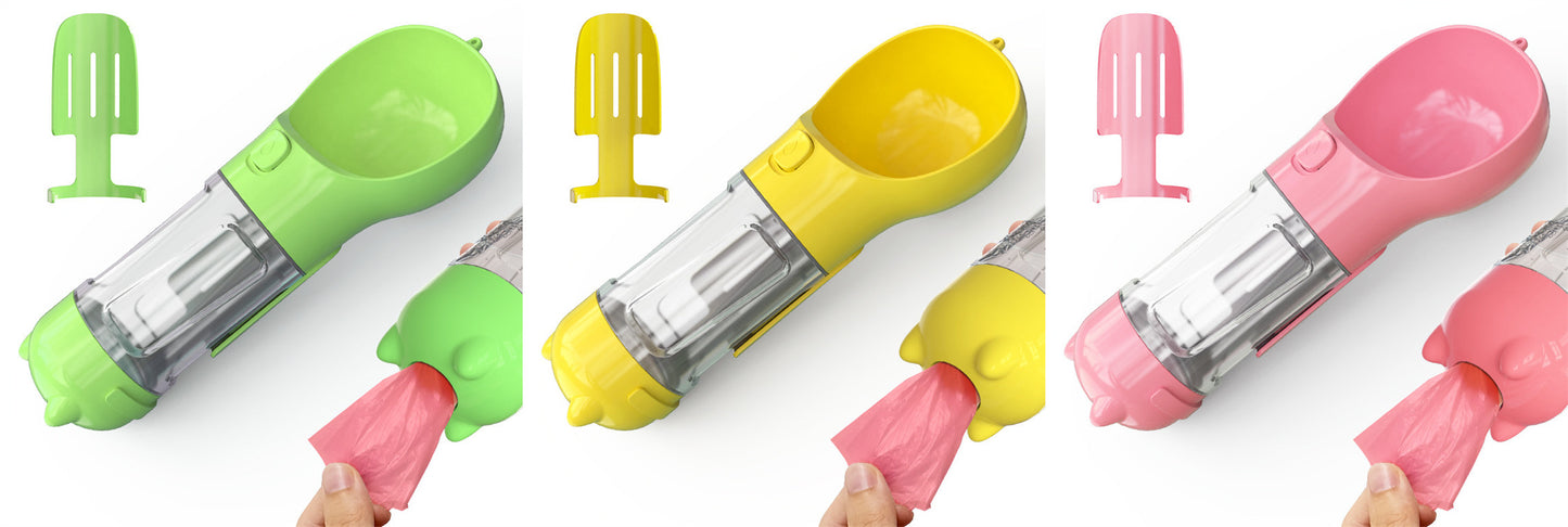 All-in-One Dog Travel Water Bottle – Portable Pet Water Dispenser with Food Bowl & Poop Bag Storage