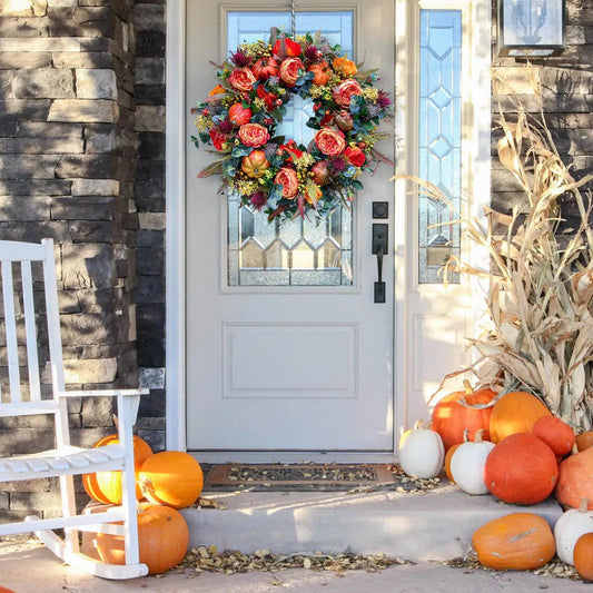 Autumn Floral Pumpkin Wreath – Fall Door Decor, Halloween Seasonal Home Accent