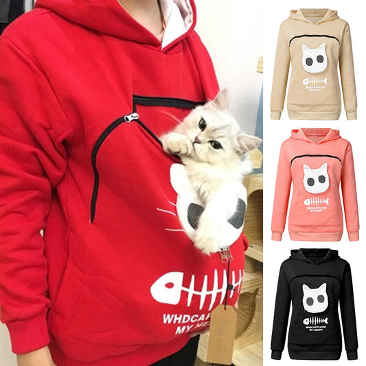 Cozy Cat Hoodie Women – Pet Pocket Sweatshirt for Carrying Cats Cute Animal Hoodie