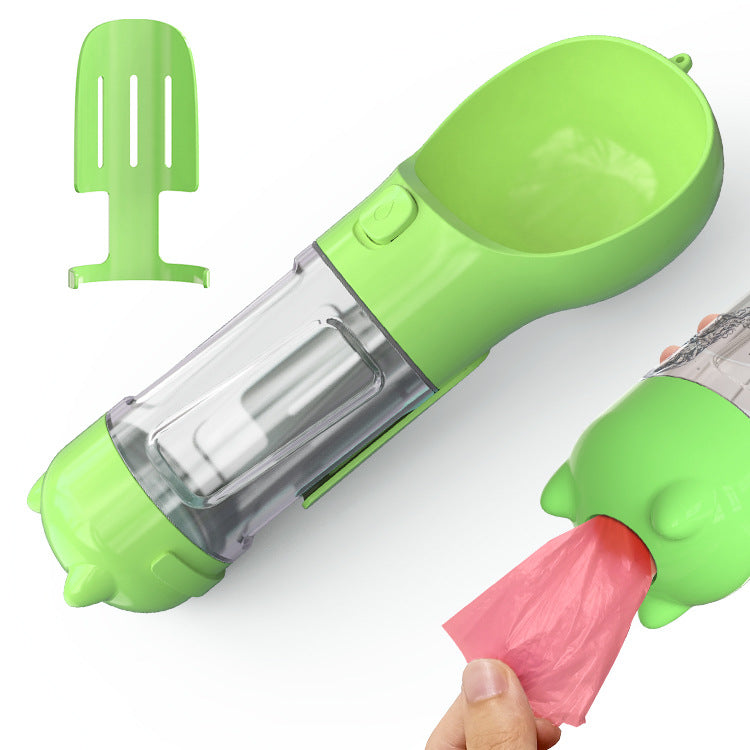 Portable Pet Travel Bottle – 3-in-1 Dog Water Feeder & Waste Bag Dispenser