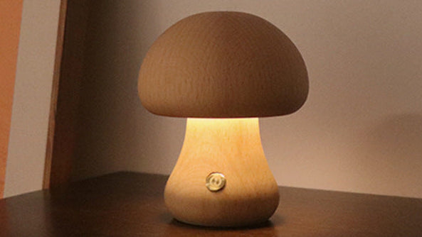 Cute Wooden Mushroom LED Night Light – Soft Touch Lamp for Bedroom