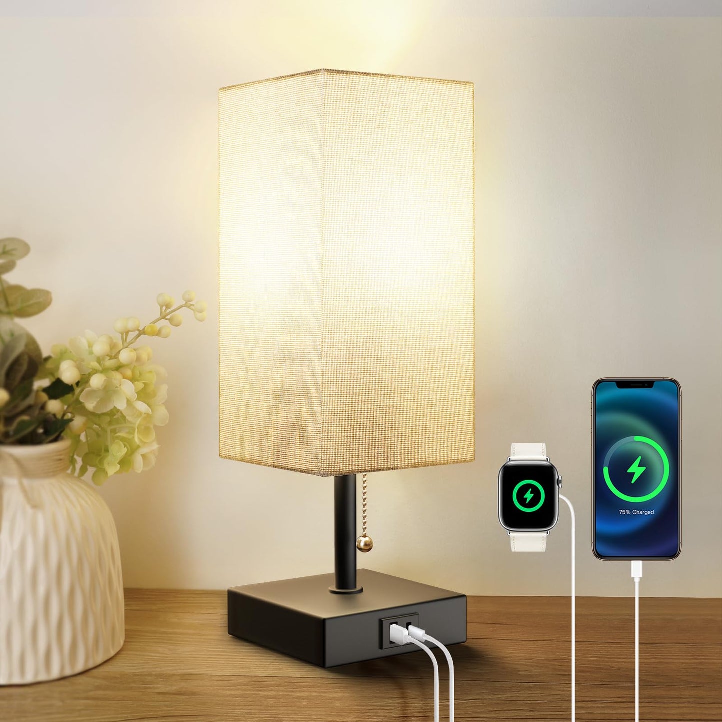 Bedside Table Lamp with 3 Brightness Levels & USB Charging