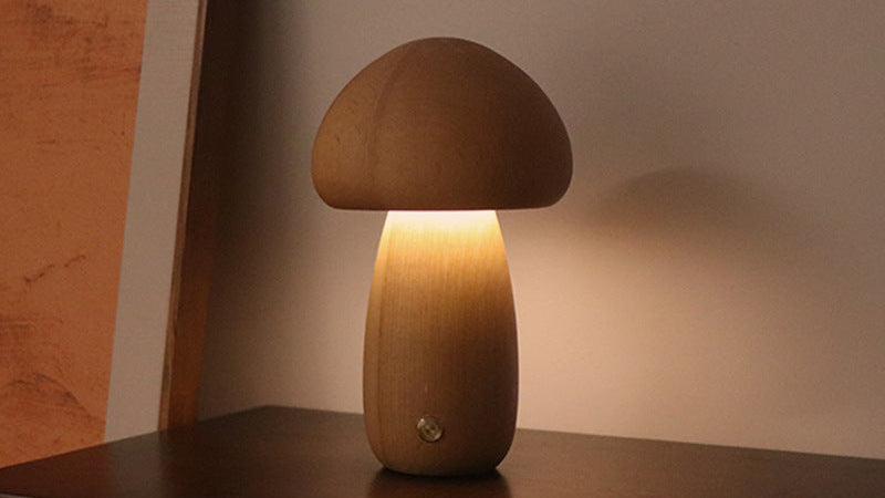 Cute Wooden Mushroom LED Night Light – Soft Touch Lamp for Bedroom