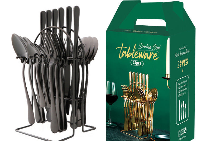 Luxury Gold Kitchen Utensil Set – Stainless Steel Knife Fork Spoon Set wi/ Holder Rack
