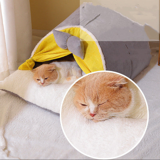 Cozy Cat Cave Bed Semi-Enclosed – Anti-Stress Pet Nest House for Year-Round Comfort