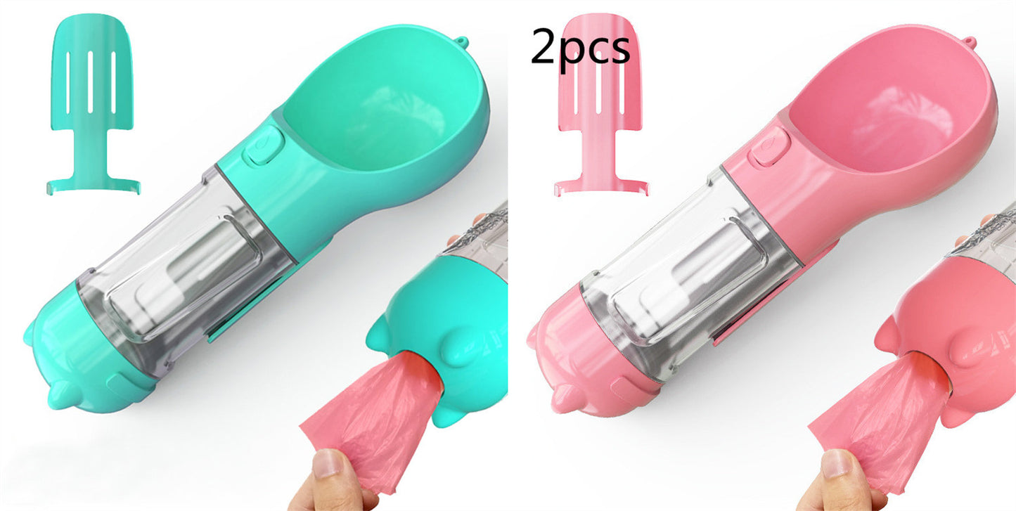 All-in-One Dog Travel Water Bottle – Portable Pet Water Dispenser with Food Bowl & Poop Bag Storage