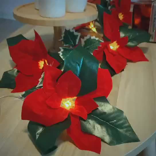 Christmas LED String Lights with Red Flowers & Berries – Cozy Festive Home Decor