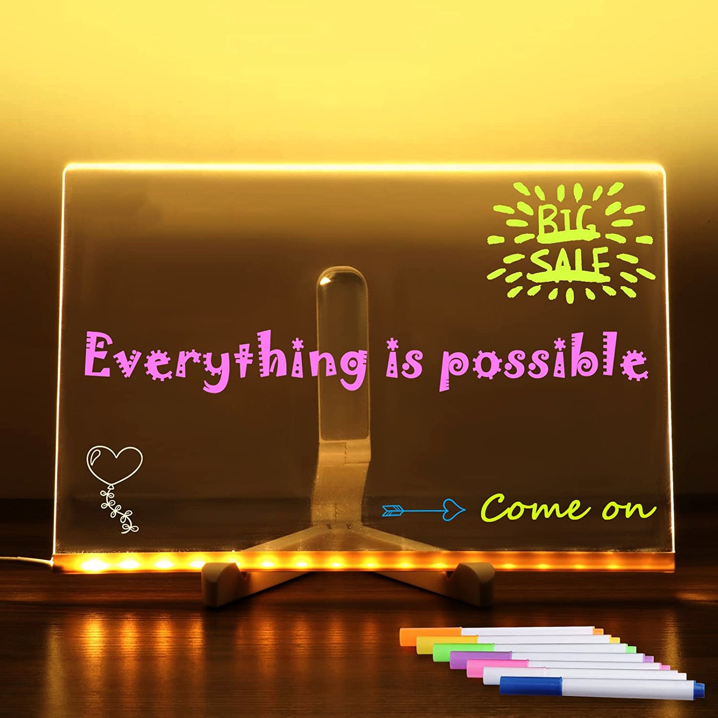 LED Night Light Acrylic Message Board – DIY Writing Lamp with 7 Pens for Notes & Room Decor