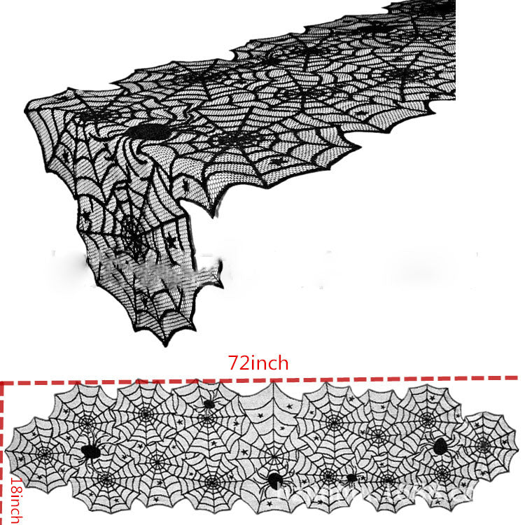 Halloween Table Decor Runner – Black Lace Spiderweb Cloth for Party Setup