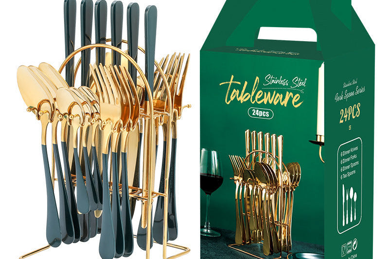 Luxury Gold Kitchen Utensil Set – Stainless Steel Knife Fork Spoon Set wi/ Holder Rack
