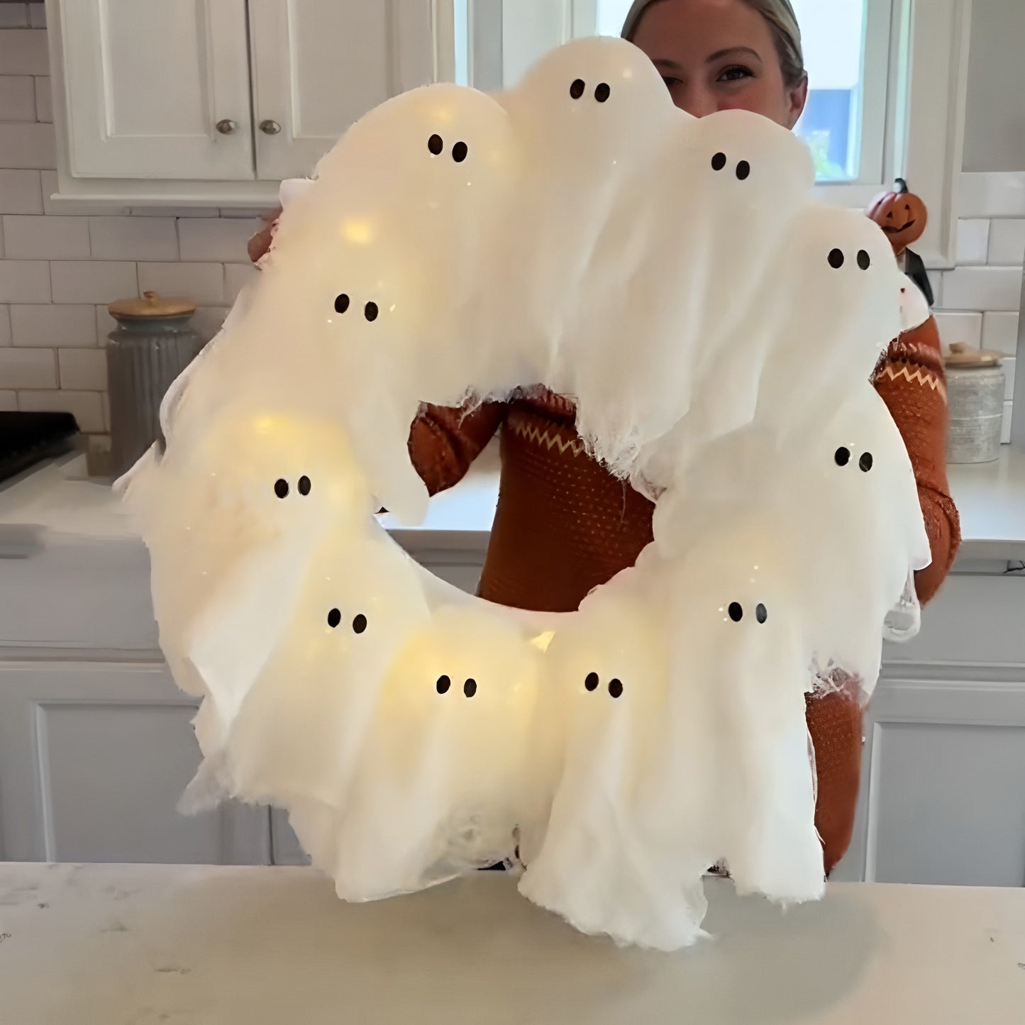 Spooky Cute Ghost Wreath – Light Up Halloween Door & Wall Decoration