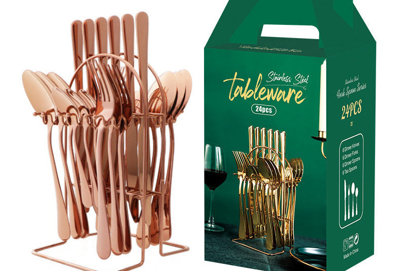 Luxury Gold Kitchen Utensil Set – Stainless Steel Knife Fork Spoon Set wi/ Holder Rack