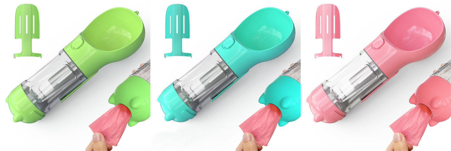 All-in-One Dog Travel Water Bottle – Portable Pet Water Dispenser with Food Bowl & Poop Bag Storage