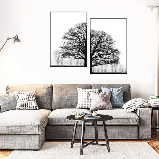 Black and White Wall Art Painting – Modern Winter Trees Canvas for Living Room Decor