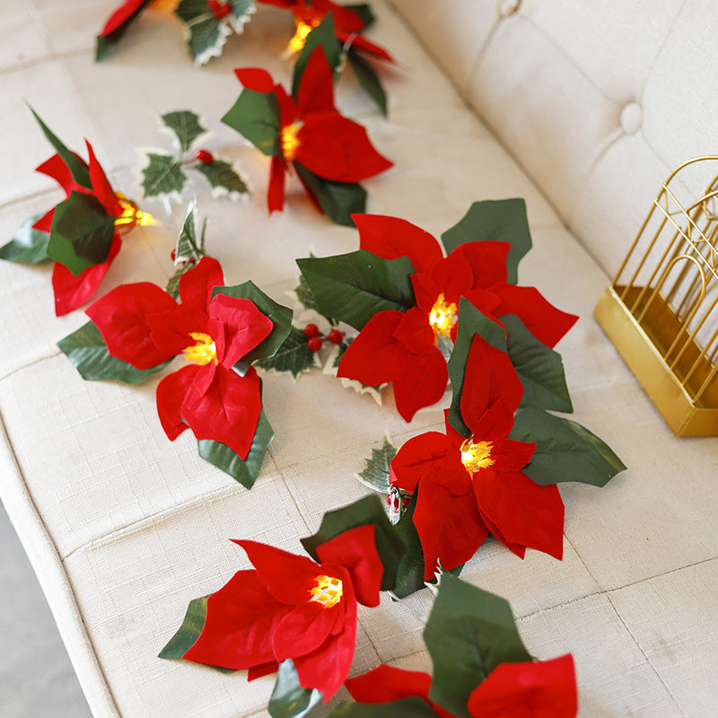 Christmas LED String Lights with Red Flowers & Berries – Cozy Festive Home Decor