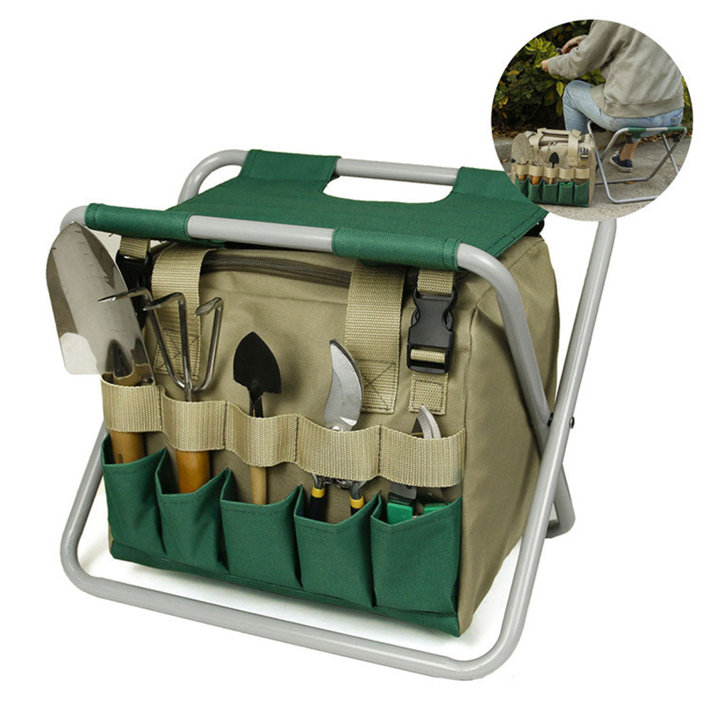 Garden Tools Organizer Stool Chair – Folding Gardening Seat with Storage Bag