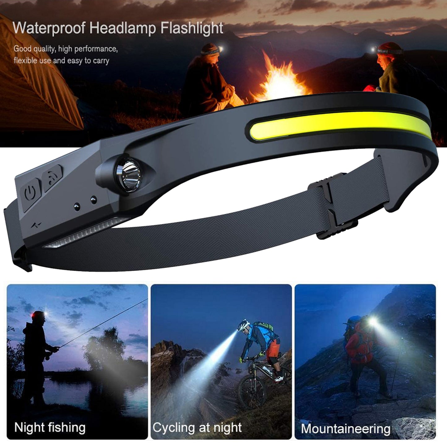 Waterproof COB LED Headlight Flashlight – USB Rechargeable Hands-Free Camping & Hunting Lamp