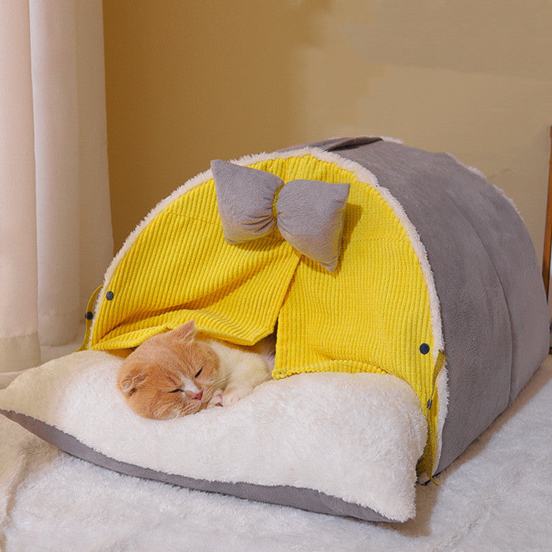 Cozy Cat Cave Bed Semi-Enclosed – Anti-Stress Pet Nest House for Year-Round Comfort