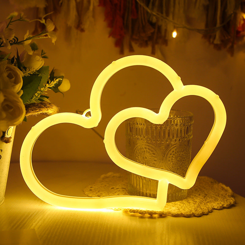 Aesthetic LED Neon Double Love Sign – USB Powered Bedroom Wall Decor Romantic Light