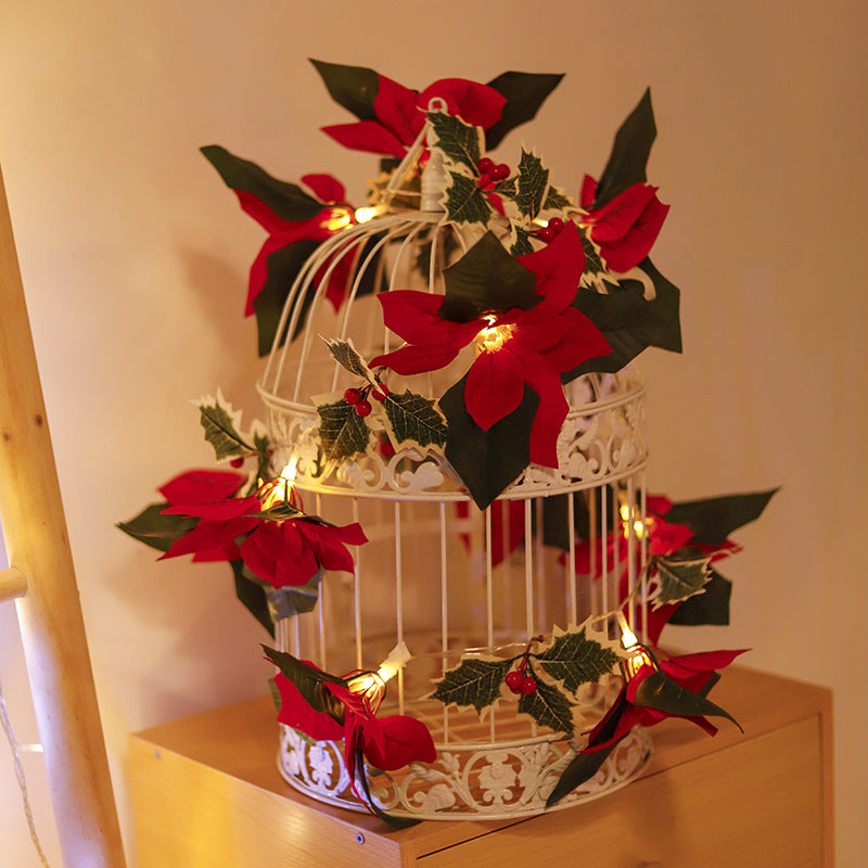 Christmas LED String Lights with Red Flowers & Berries – Cozy Festive Home Decor