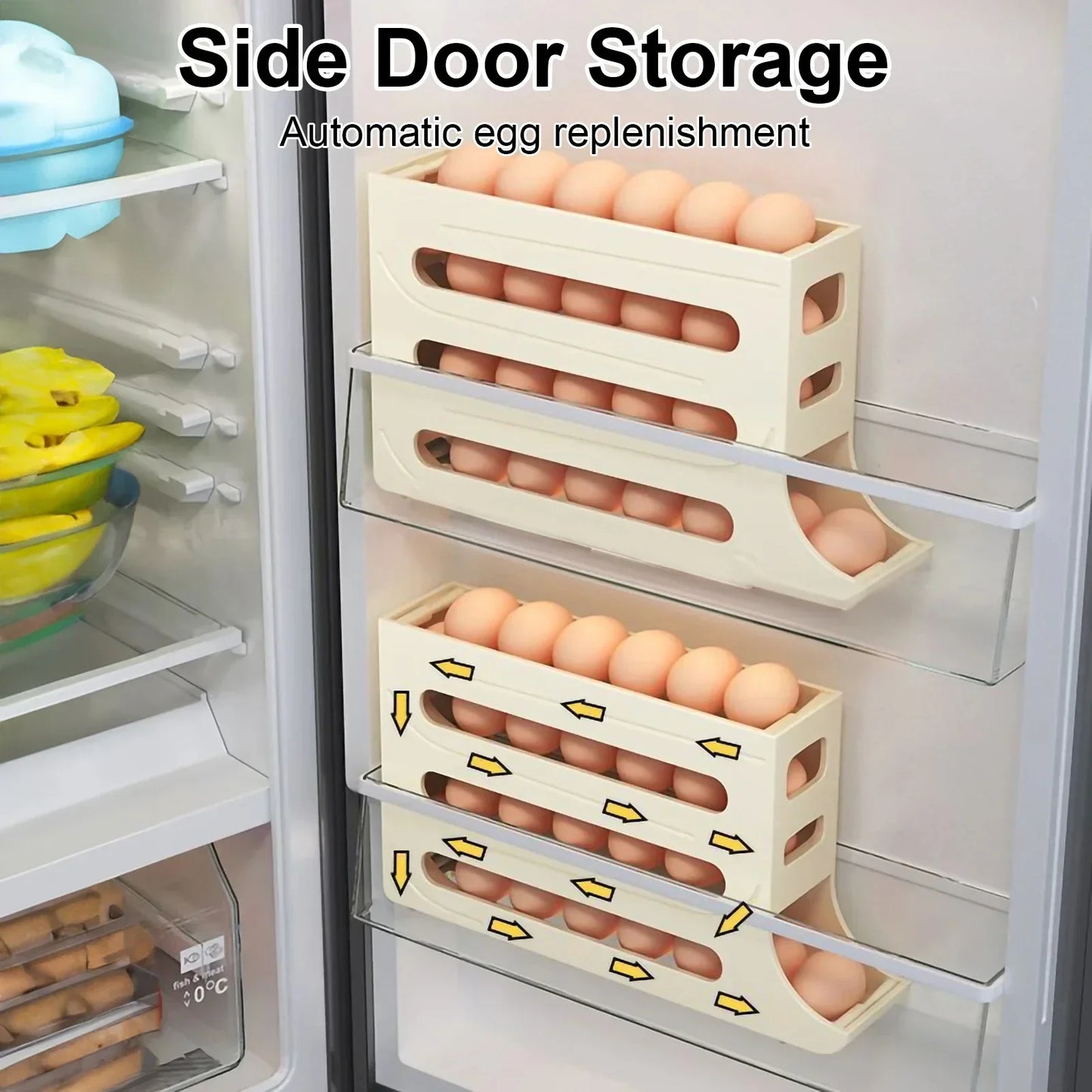 Smart Egg Roller Organizer for Fridge – 4-Layer Automatic Egg Tray | Kitchen Storage Solution