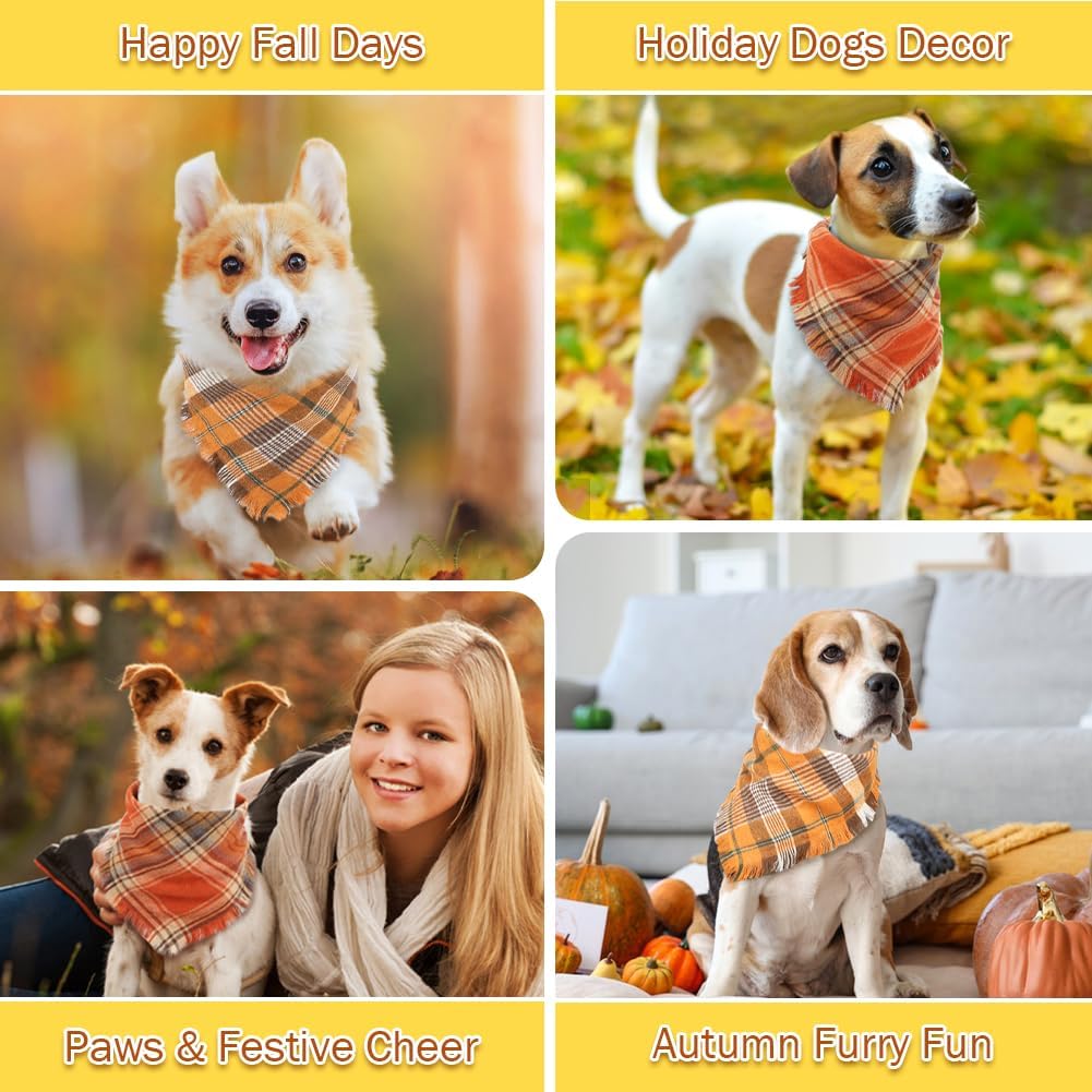 Thanksgiving Dog Bandana with Tassels – Stylish Plaid Fall Pet Scarf for Dogs