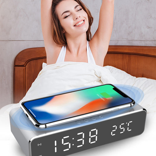 Smart Home LED Alarm Clock – Wireless Charger + Time & Temp Display