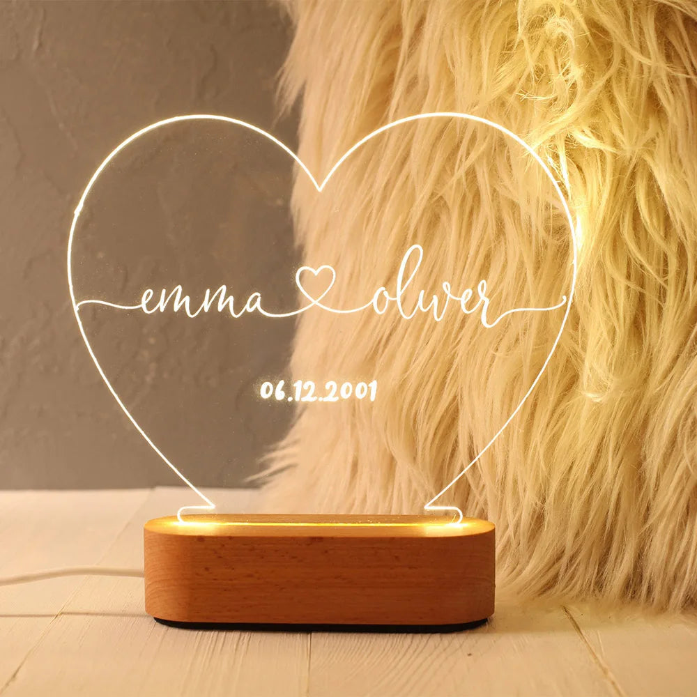 Engraved Couple Night Light – Custom Name & Date LED Romantic Gift Lamp