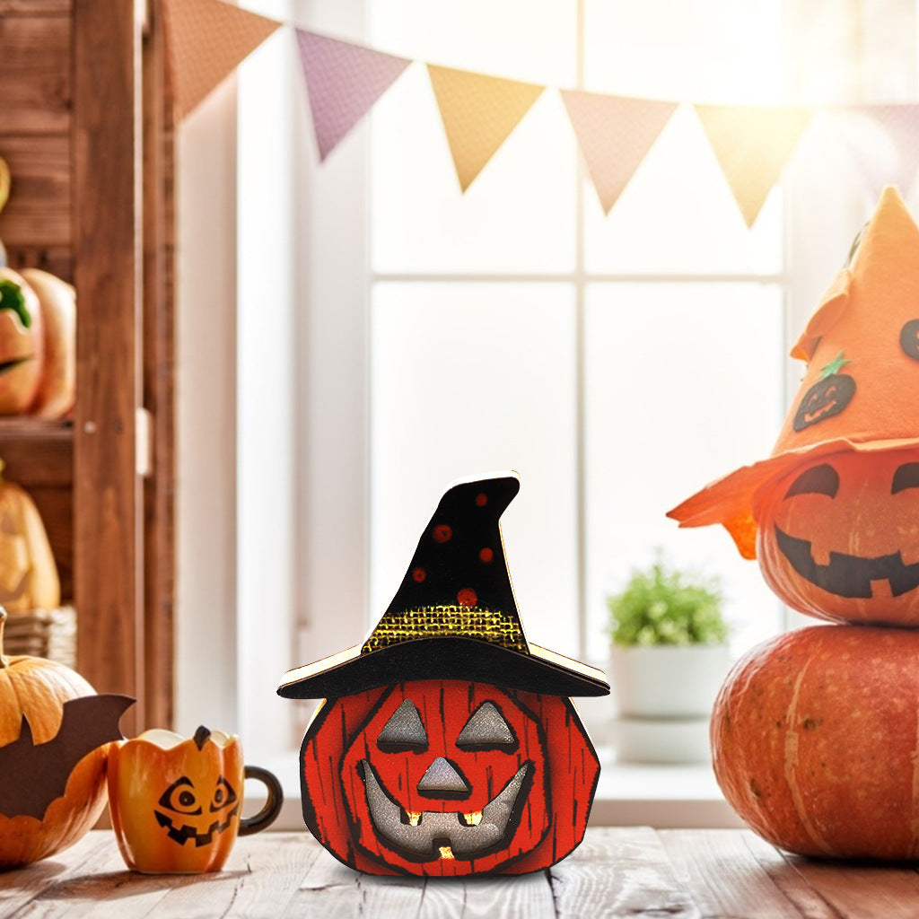 Creative Wooden Pumpkin Night Lamp Halloween LED Decor – Warm Spooky Seasonal Lighting