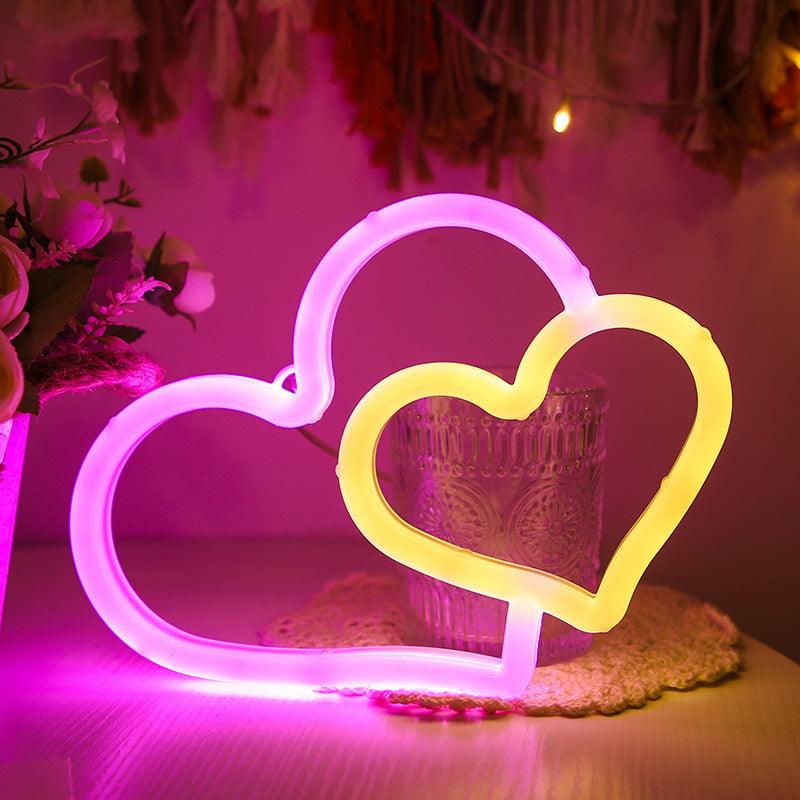 Aesthetic LED Neon Double Love Sign – USB Powered Bedroom Wall Decor Romantic Light