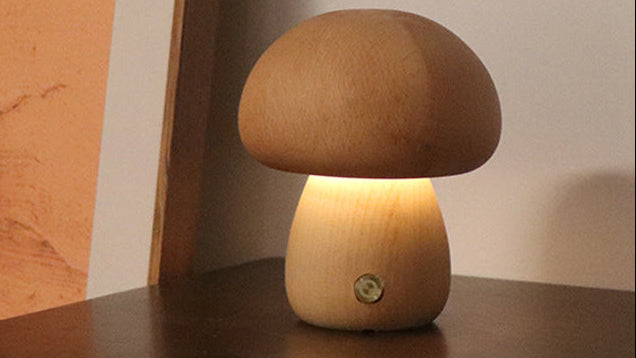 Cute Wooden Mushroom LED Night Light – Soft Touch Lamp for Bedroom