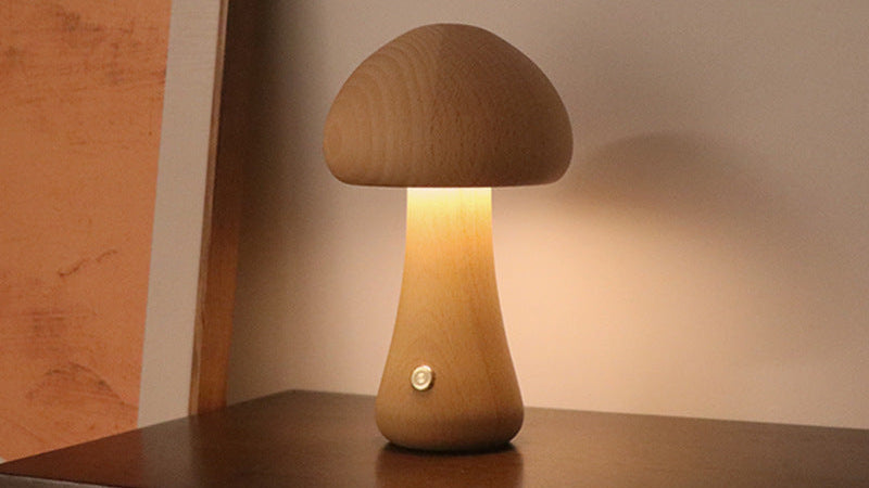 Cute Wooden Mushroom LED Night Light – Soft Touch Lamp for Bedroom
