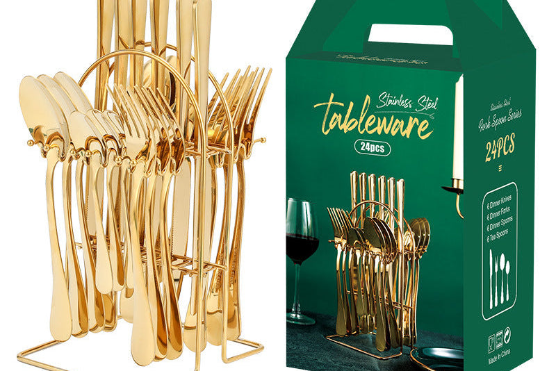 Luxury Gold Kitchen Utensil Set – Stainless Steel Knife Fork Spoon Set wi/ Holder Rack
