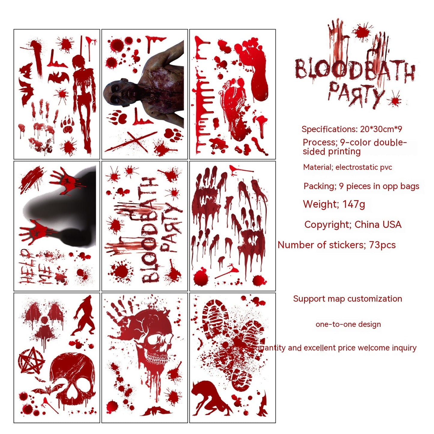 Horror Halloween Window Stickers Blood Splatter Handprint Decals – Scary Seasonal Home Decor