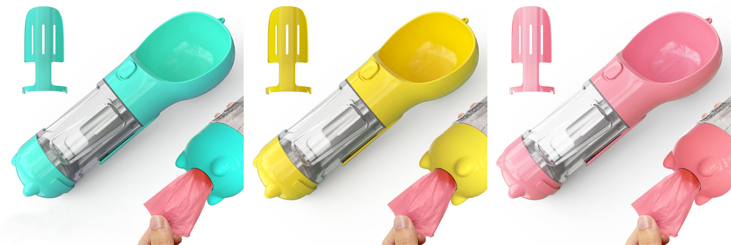 All-in-One Dog Travel Water Bottle – Portable Pet Water Dispenser with Food Bowl & Poop Bag Storage