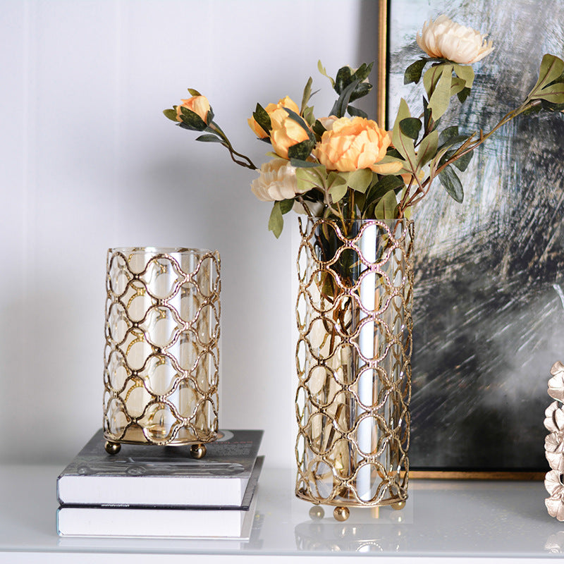 Elegant Gold Metal Glass Vase – Hollow Out Decorative Flower Stand for Living Room Decor
