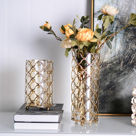 Elegant Gold Metal Glass Vase – Hollow Out Decorative Flower Stand for Living Room Decor
